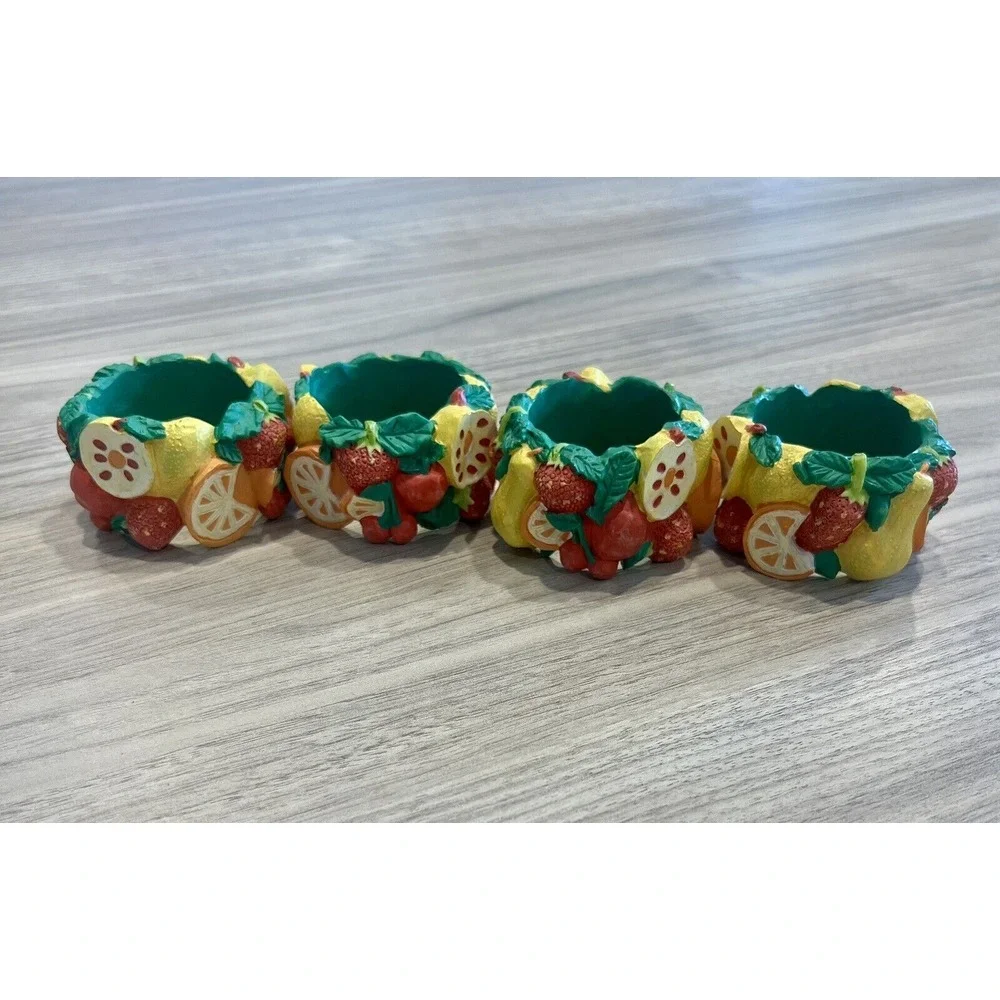 Vintage Mixed Fruit Set Of 4 Napkin Ring Holders Cherries‎ Strawberries Resin